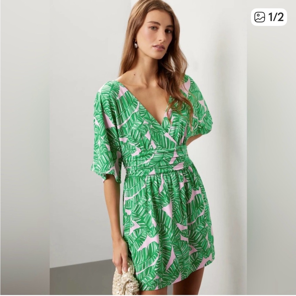 Lilly Pulitzer Green and Pink Palm-Print Wrap Romper Dress, size small